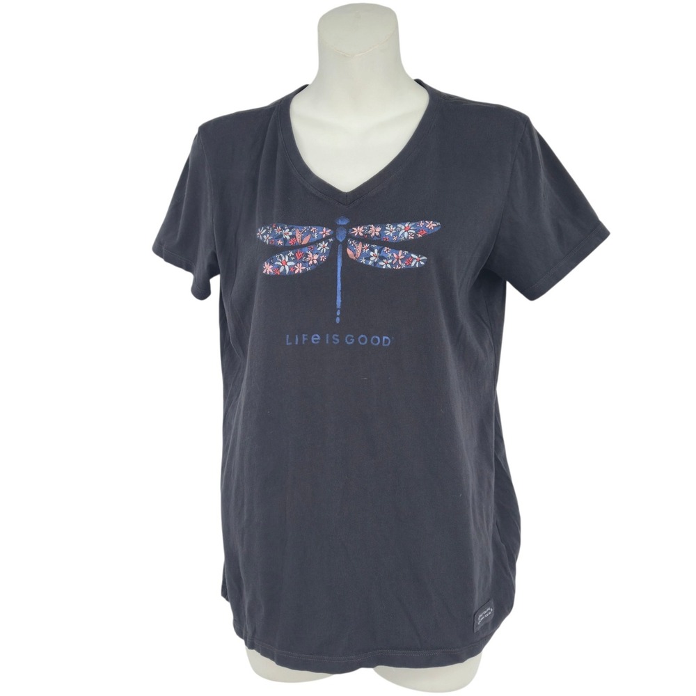 Life is Good T-Shirt Womens Small Gray Dragonfly Graphic Crusher-Lite V-Neck Tee